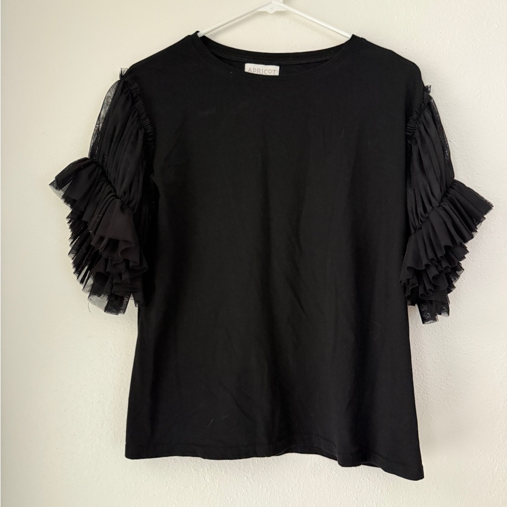Apricot Blouse Ruffle Sleeve Classic Top Black Size Medium Chic Cotton Blend
